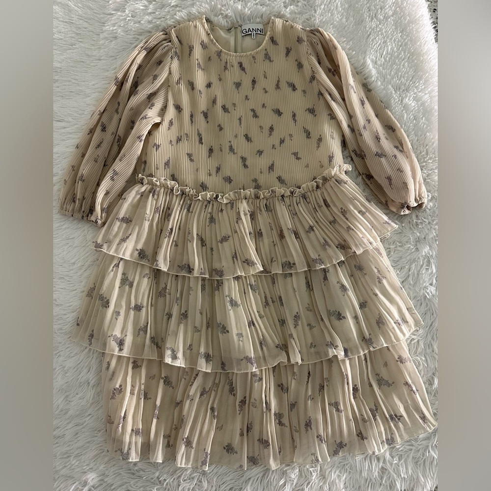 GANNI georgette Tiered‎ Pleated mini dress Sz 34